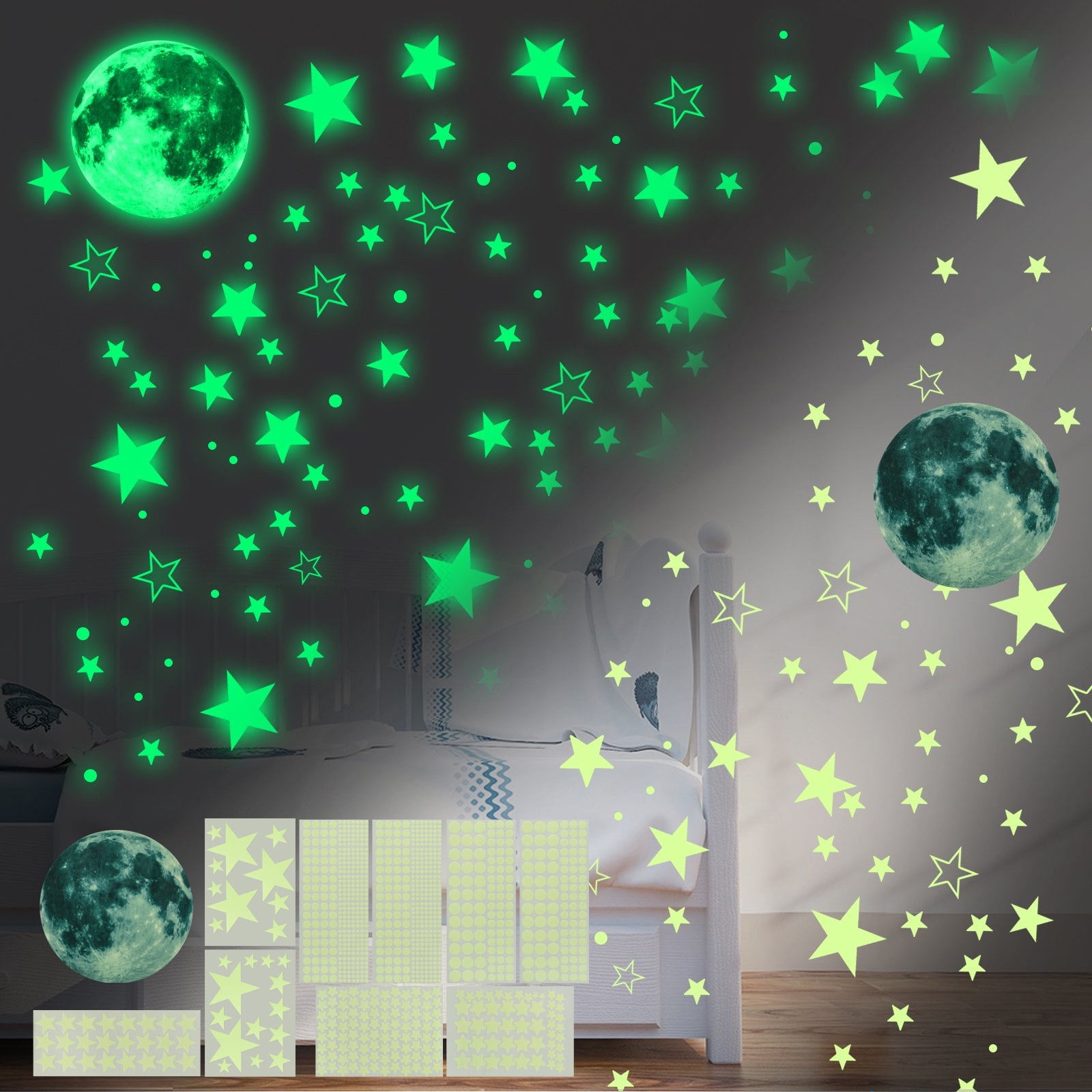 1049pcs Glow in The Dark Stickers for Ceiling, TSV Night Luminous Wall Stickers Adhesive Stars Moon Wall Decals, Bright Glowing Dot Realistic Stars