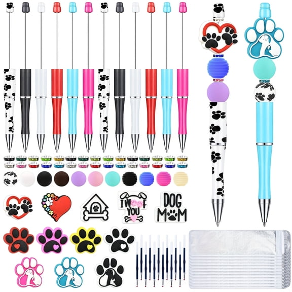 12set Beadable Pens Plastic Black Ink 12 Pen Refills Ballpoint Pen with Assorted Spacer Beads Silicone Beads for Office (Dog)