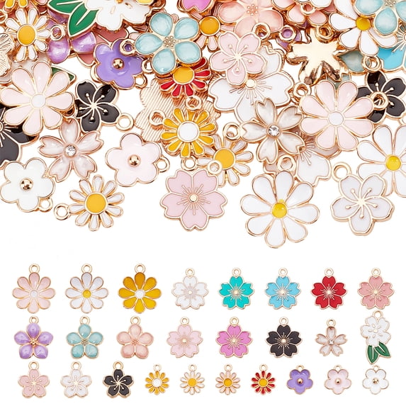 104Pcs 26 Style Alloy Enamel Pendants with Crystal Rhinestone Flower Light Gold Mixed Color 4pcs/style