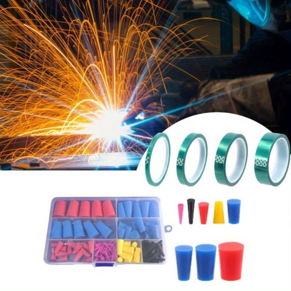104Pcs 36 Yards 4 Sizes 1/4",1/2", 7/10", 1" Green Powder Coating Masking PET Tape with High Temp Silicone Rubber Protective Tapered Plug Assortment Kit for Painting, Powder Coating