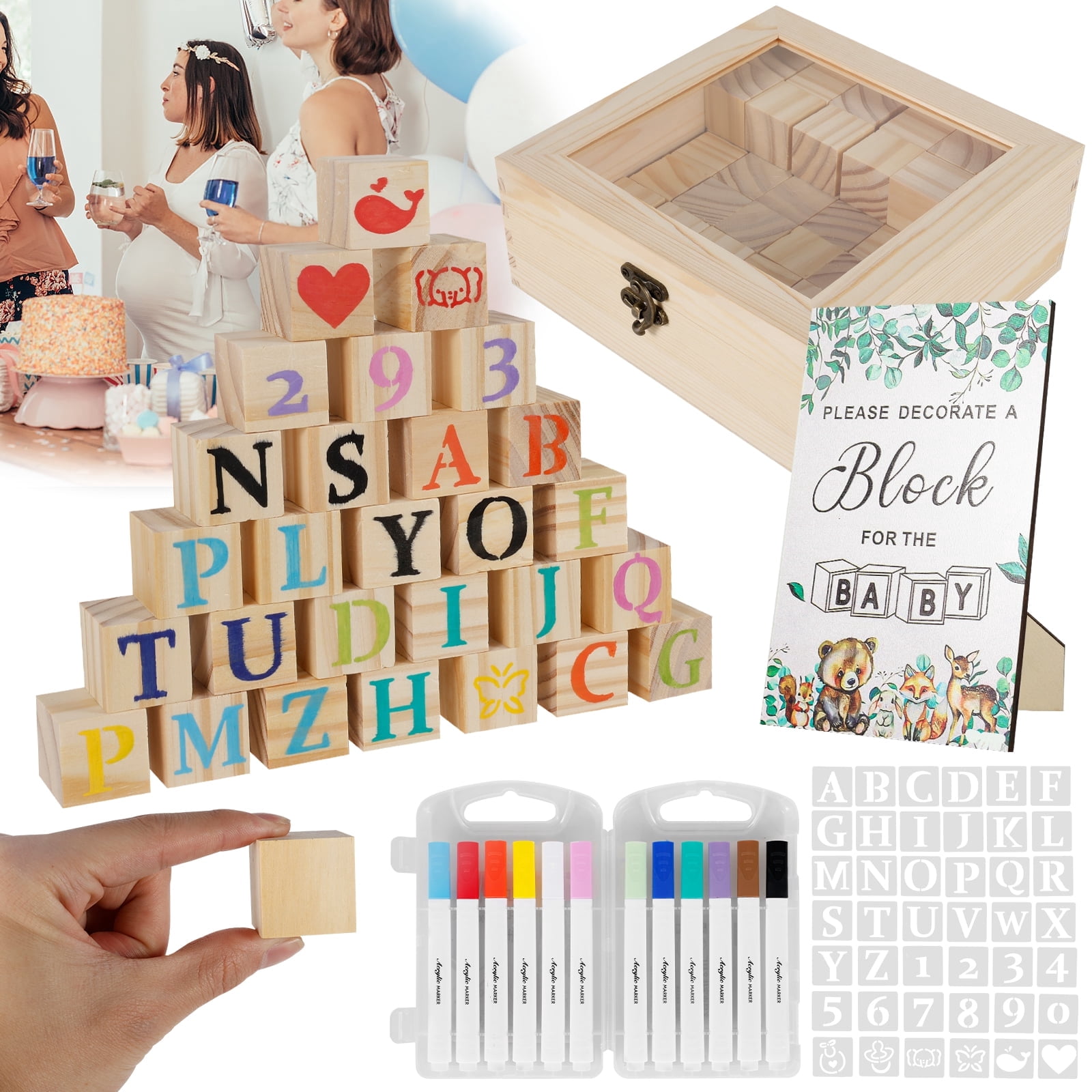 104Pcs Baby Shower Block Game Set Funny Baby Shower Games Sign Kit with 12 Marker 48 Wood Cube 42 Stencils Wood Sign for Party