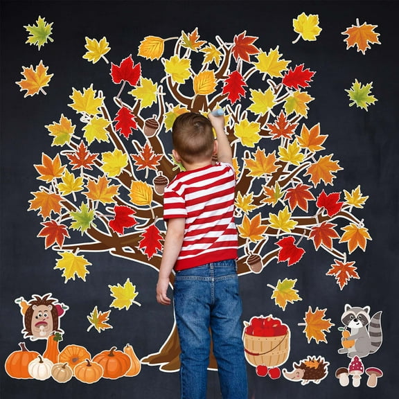 104Pcs Fall Maple Leaves Tree Cutouts Autumn Bulletin Board Decoration Pumpkin Squirrel Cutouts Fall Seasonal Tree with 200Pcs Glue Points for School Home Chalkboard Wall Decor