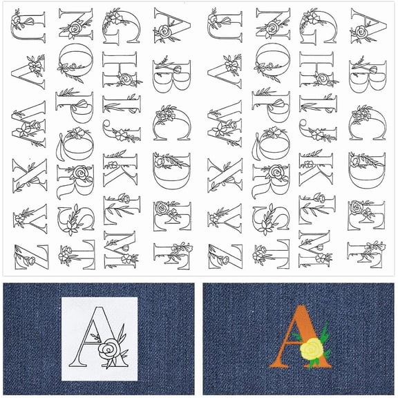 104Pcs Letter Embroidery Transfer Patterns Stabilizers Stick and Stitch A~Z Initial Alphabet Hand Sewing Water Soluble Paper Wash Away Pre-Printed Self Adhesive for Cloth Needlework Lovers
