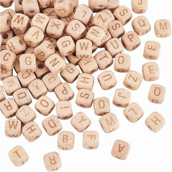104pcs/4 Sets 10mm Alphabet Wooden Beads with 4mm Hole 26-Letter Wood Beads Natural Beech Square Wooden Beads Wooden Cube Beads with Initial Letter for DIY