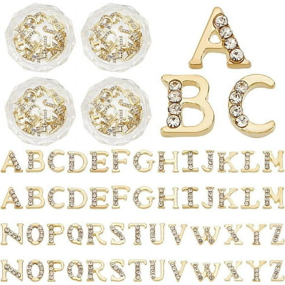 104pcs (4 Sets) Gold Rhinetone Letters Nail Studs 26-Letters Charms with Rhinestone A~Z Letter Rhinestone Resin Fillers Gold Alphabet Nail Charms for Nail Arts Decoration Resin Jewelry Making