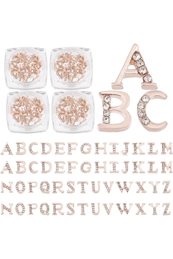 104pcs/4 Sets Rose Gold Rhinetone Letters 26-Letters Charms with Rhinestone A~Z Letter Rhinestone Resin Fillers Rose Gold Alphabet Nail Charms for Nail Arts Decoration Resin Jewelry Making Golden