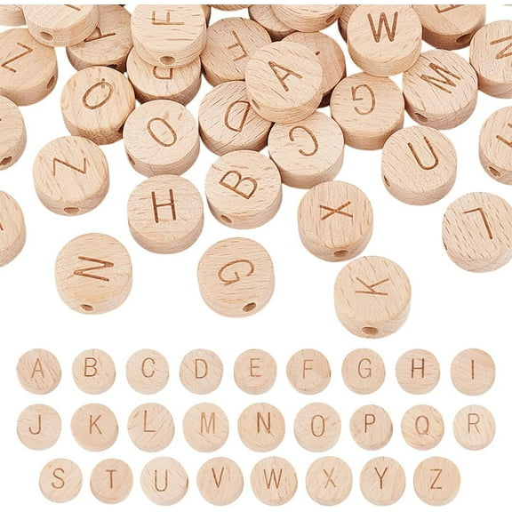 104pcs Alphabet Wooden Beads 15mm Flat Round Letter Beads Natural Wooden Flat Beads with 3mm Hole Wooden Loose Beads with Initial Letter for Jewelry Making and DIY Crafts 4Sets