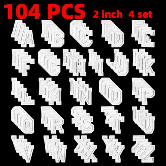 104pcs White Iron on Letters Patches, 2" Embroidery Fabric Letters Applique Patch for Tote Bags Hats Clothing, Easy Iron, Washable & Sewable