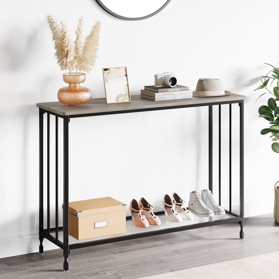 105*30*81 Console Table, Sofa Tables Narrow Entryway Table with Glass Shelf and Metal Frame, 41.5” Behind Couch Table Industrial Hallway Table for Living Room, Foyer, Bedroom, Gray