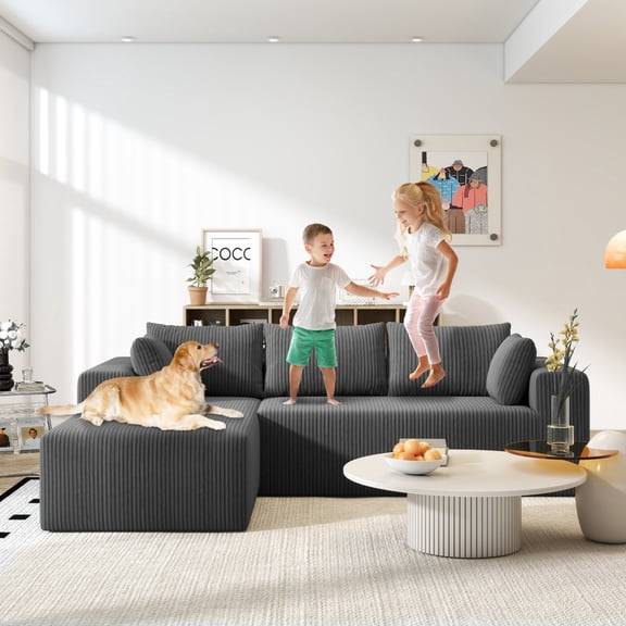 105.5 '' L-Shaped Cloud Couch Sectional with Oversized Chaise, Deep Seat Modular Sofa, Corduroy Fabric - Left Facing Chaise/Gray