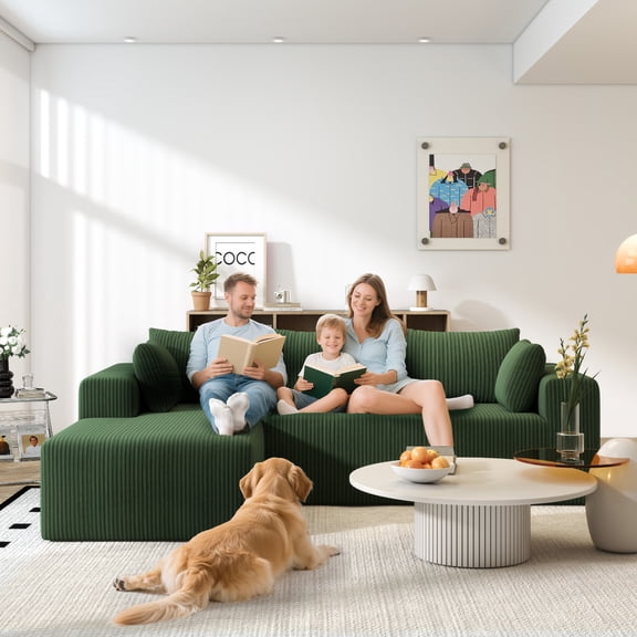 105.5 '' L-Shaped Cloud Couch Sectional with Oversized Chaise, Deep Seat Modular Sofa, Corduroy Fabric - Left Facing Chaise/Green