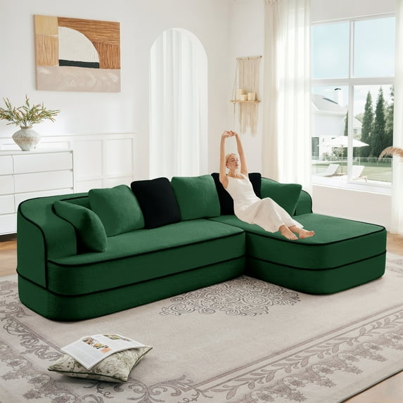 105.9'' Extra Deep Cloud Couch, Contrast Color Boneless Couch Bed, Teddy Fabric Modular Sectional Sofa with Deep Seat, L Shaped Couch for Living Room, No Assembly Required, Green