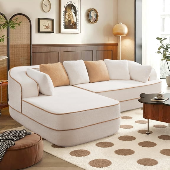 105.9" L-Shaped Boneless Sofa Left Chaise, Plush Teddy Fabric 3-Seater Sectional Couches with 32D High-Resilience Foam, Wide Arms for Living Room Apartment,White