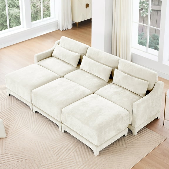 105.9" Modular Sectional Sofa, 3 Seat Modular Couch with 3 Movable Ottomans and Lumbar Pillow, Chenille Fabric Sofa Convertible Sectional Couches for Living Room, Comfy Modular Sofa, Beige