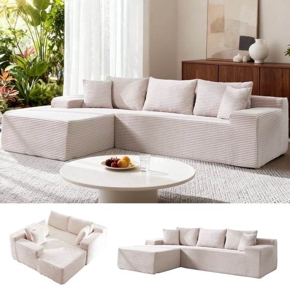 105" Boneless Couch with Chaise L Shaped Cloud Couch with Waist Pillows Comfy Corduroy Deep Seat Modular Sectional Sofa for Living Room Bedroom