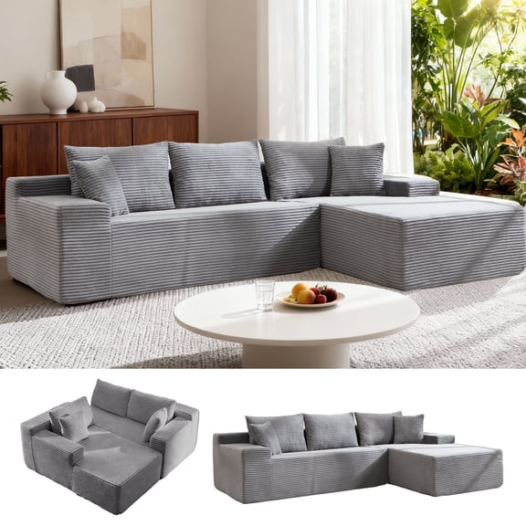 105" Boneless Couch with Chaise L Shaped Cloud Couch with Waist Pillows Comfy Corduroy Deep Seat Modular Sectional Sofa for Living Room Bedroom