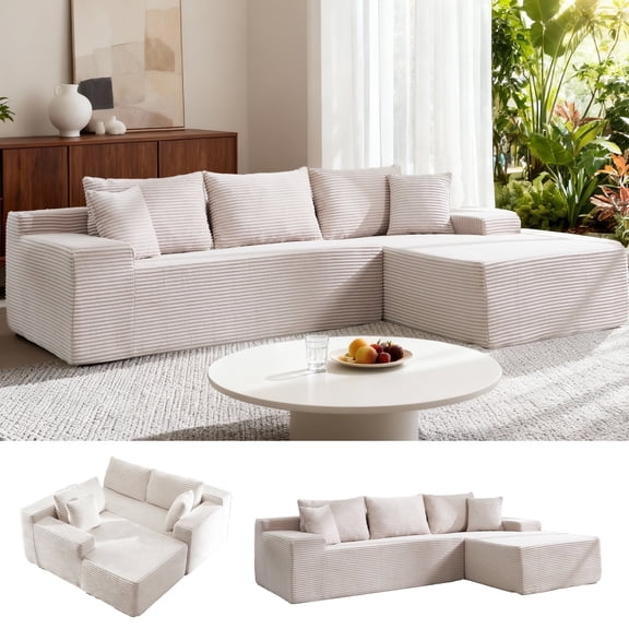 105" Boneless Couch with Chaise L Shaped Cloud Couch with Waist Pillows Comfy Corduroy Deep Seat Modular Sectional Sofa for Living Room Bedroom