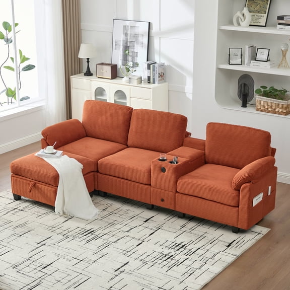 105" Corduroy Cloud Couch with Console and USB Charger, Sectional L-Shaped Sofa with Cup Holders and Storage Ottoman for Living Room, Orange