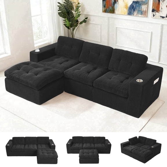 Palifte L-Shaped Couches for Living Room, Upholstered Sofa with Movable Ottoma & Cup Holders, Oversized 3-Seater, No Assembly Required, Black