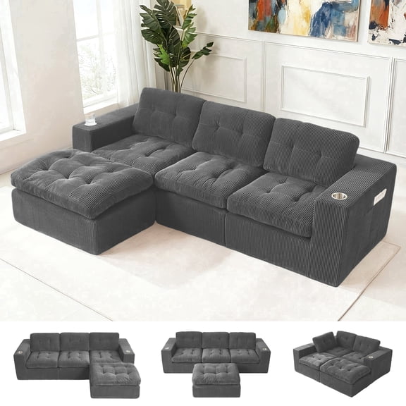 VNT Sectional Sofa Modern Modular Cloud Couch with Deep Seating Upholstered Sofa for Living Room Bedroom, Corduroy Upholstery, Grey