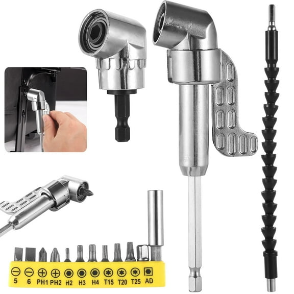 105 Degree Drill Attachment Set, Includes Dual 105 Right Angle Drill Adapters, Flexible Drill Extension, and 12-in-1 Screwdriver Bit Set, Hex Shank Drill Accessory Kit for Tight Spaces