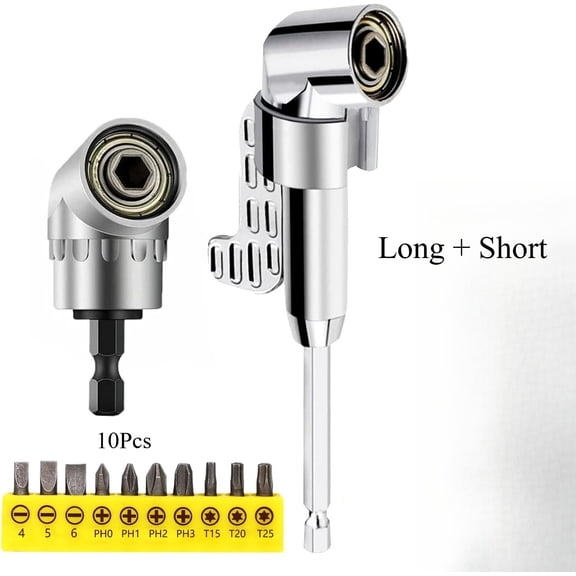 105 Degree Right Angle Drill Adapter, 2025 Upgrade Right Angle Drill Attachment with Multi-function Bend Screwdriver Bit, 1/4" Hex Shank Corner Tool Screw Hub for Household Work (Long+Short)