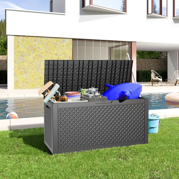 105 Gallon Resin Outdoor Storage Box, Weatherproof & UV Resistant, Lockable Deck Box with Gas Struts, for Patio, Garden, Poolside, Garage – Ideal Holiday Gift