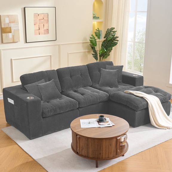 105" Cloud Sectional Sofa for Living Room, L-Shaped Cloud Couch with Corduroy Fabric, 4 Throw Pillows, 3 Seat Oversized Couch with Movable Ottoman, No Assembly Required, Gray