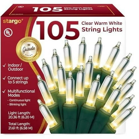 StarGo 105 Incandescent String Lights with Green Wire and White Bulbs, Christmas Tree Lights