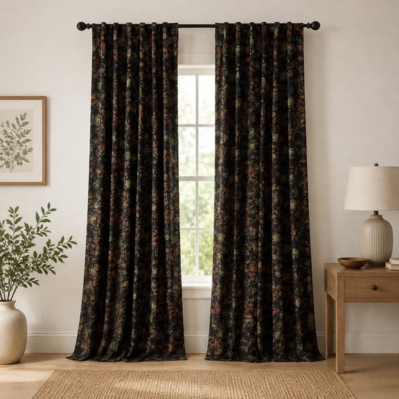 105 Inch Black Vintage Floral Velvet Curtains Drapes 2 Panels Soft Fabric Window Treatment