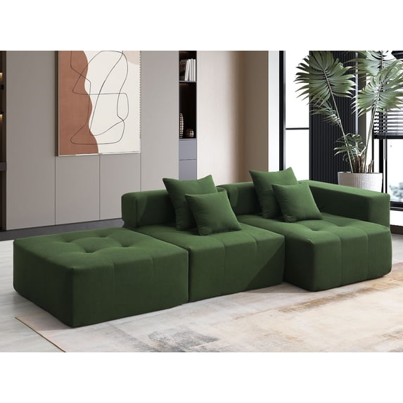 105 Inch L-Shaped Modular Sectional Sofa, Corduroy Boneless Couches with Wide Armrest and Tufted Design, No Assembly Required, Full Compressed Cloud Couch for Living Room, Bedroom, Green