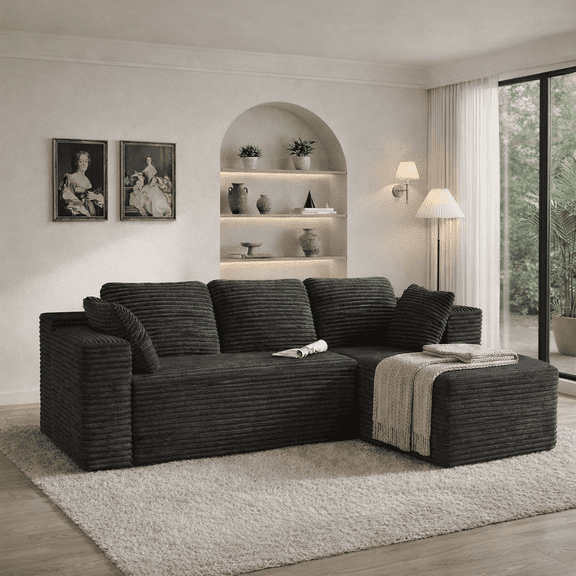 105" L Shaped Sectional Floor Sofa, Corduroy Modular Cloud Couch with Chaise, Modern Frameless Deep Seat Sofa for Living Room, Non-Slip & No Assembly Needed, Right-Facing, Black