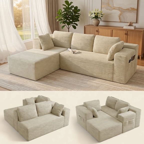 105" Left-Facing Modular Cloud Sectional Sofa with L-Shape Chaise, Soft Corduroy Upholstery, Deep Seat Design, No Assembly Required for Living Room (Beige)