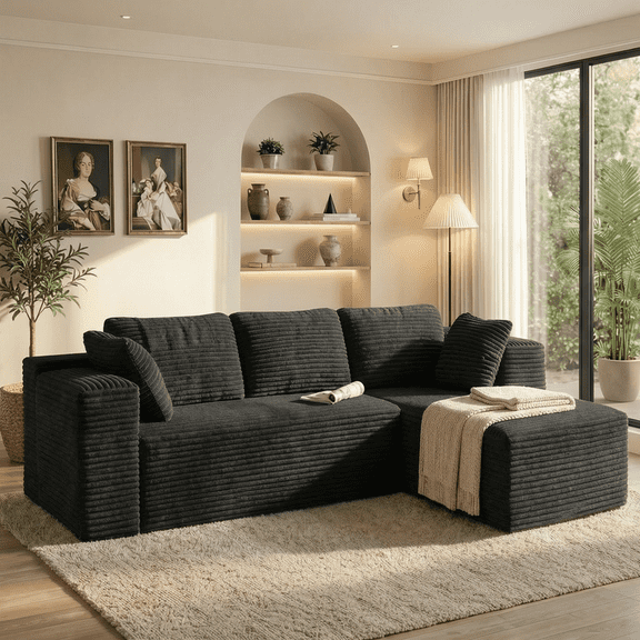 105" L Shaped Sectional Floor Sofa, Corduroy Modular Cloud Couch with Chaise, Modern Frameless Deep Seat Sofa for Living Room, Non-Slip & No Assembly Needed, Right-Facing, Black