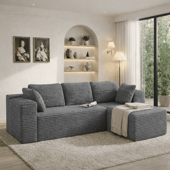 105" L Shaped Sectional Floor Sofa, Corduroy Modular Cloud Couch with Chaise, Modern Frameless Deep Seat Sofa for Living Room, Non-Slip & No Assembly Needed, Right-Facing, Beige