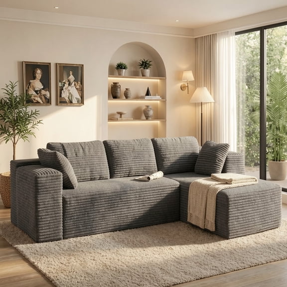 105" L Shaped Sectional Floor Sofa, Corduroy Modular Cloud Couch with Chaise, Modern Frameless Deep Seat Sofa for Living Room, Non-Slip & No Assembly Needed, Right-Facing, Beige