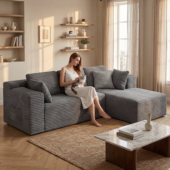 105" L Shaped Sectional Sofa with 68.5" Chaise - Corduroy Boneless Cloud Couch, No Assembly Required, Modern Frameless Modular Sofa for Living Room, Deep Seat & Non-Slip (Right-Facing, Gray)