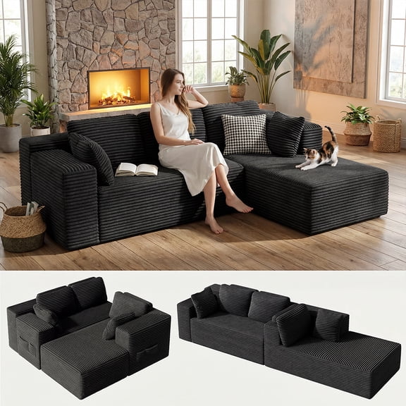 105" L Shaped Sectional Sofa with 68.5" Chaise - Corduroy Boneless Cloud Couch, No Assembly Required, Modern Frameless Modular Sofa for Living Room, Deep Seat & Non-Slip (Right-Facing, Black)