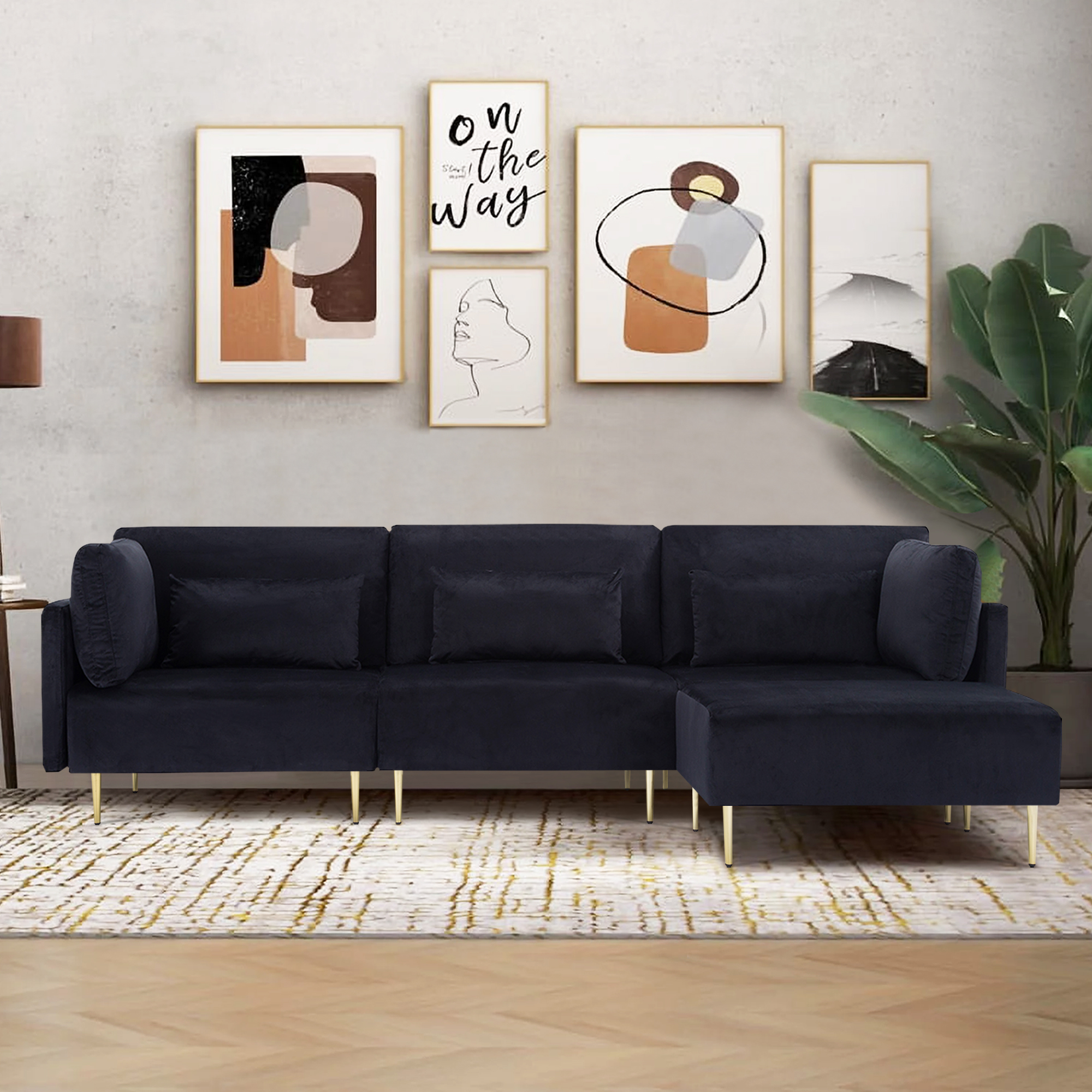 105” L Shaped Sectional Sofa with Removable Ottoman,Velvet Convertible