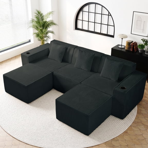 105" Modern U-Shaped Cloud Sofa, Soft Corduroy Sectional Couch with 2 Ottomans, Deep Seat & No Assembly Required, Living Room Set,Black