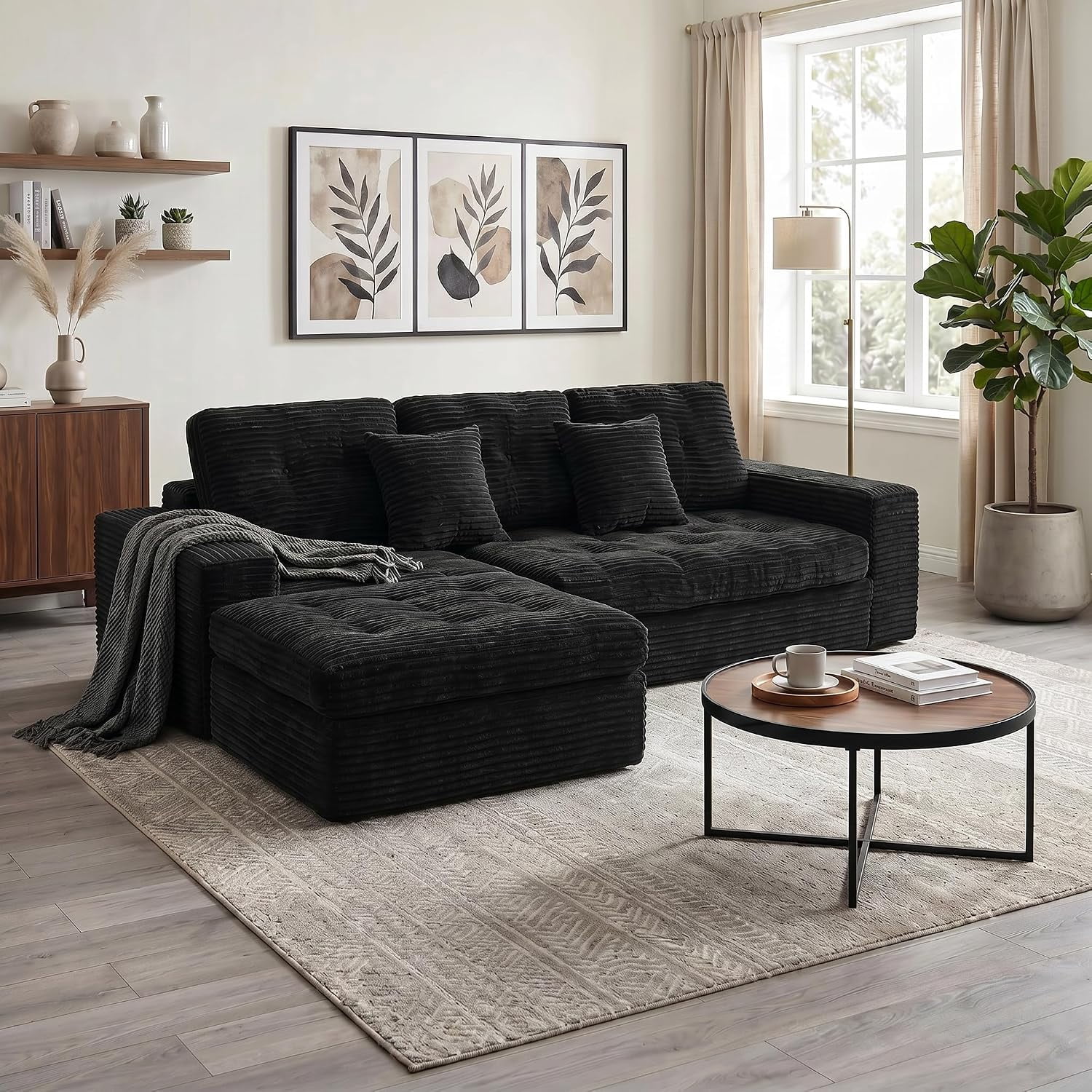 105" Modular Cloud Sectional Sofa with Ottoman, Faux Rabbit Fur Velvet, No Assembly Required, Black