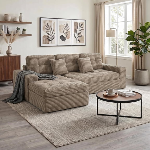 105" Modular Cloud Sectional Sofa with Ottoman, Faux Rabbit Fur Velvet, No Assembly Required, Khaki