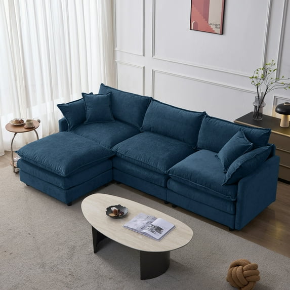 105" Modular Sectional Couch, 3 Seater Convertible L-Shape Couch with Removable Ottoman, Upholstered Soft Chenille Fabric Sofa, 23.5'' Deep Seat, Blue