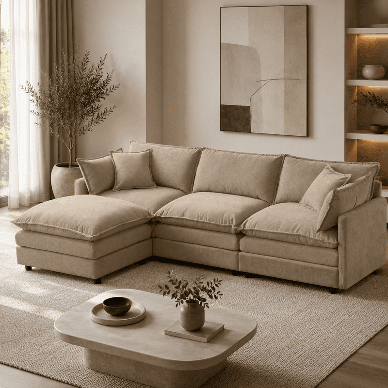 105" Modular Sectional Couch, 3-Seater Soft Chenille L-Shaped Sofa with Ottoman, Upholstery Sofa Couch with Pocket Coil & High-Density Foam for Living Room