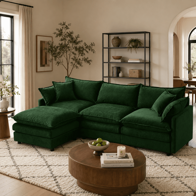 105" Modular Sectional Couch, 3-Seater Soft Chenille L-Shaped Sofa with Ottoman, Upholstery Sofa Couch with Pocket Coil & High-Density Foam for Living Room