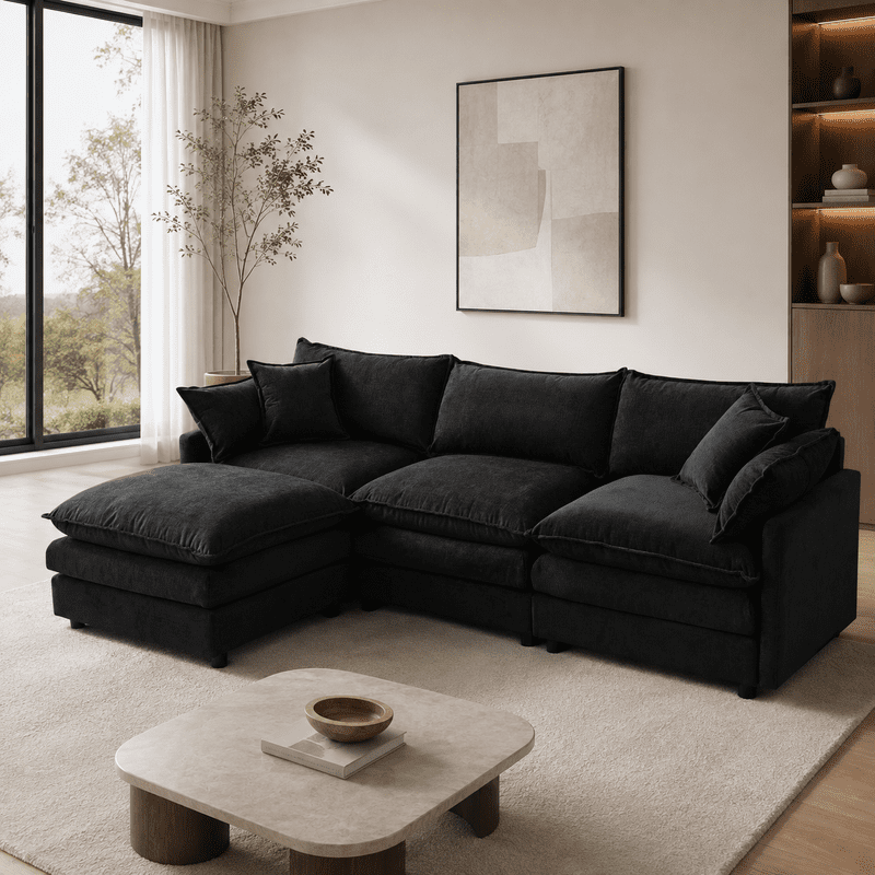 105" Modular Sectional Couch, 3-Seater Soft Chenille L-Shaped Sofa with Ottoman, Upholstery Sofa Couch with Pocket Coil & High-Density Foam for Living Room