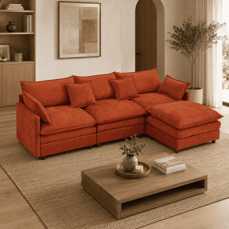105" Modular Sectional Couch, 3-Seater Soft Chenille L-Shaped Sofa with Ottoman, Upholstery Sofa Couch with Pocket Coil & High-Density Foam for Living Room