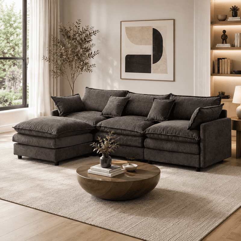 105" Modular Sectional Couch, 3-Seater Soft Chenille L-Shaped Sofa with Ottoman, Upholstery Sofa Couch with Pocket Coil & High-Density Foam for Living Room