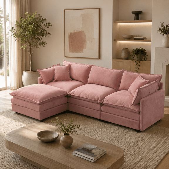 105" Modular Sectional Couch, 3-Seater Soft Chenille L-Shaped Sofa with Ottoman, Upholstery Sofa Couch with Pocket Coil & High-Density Foam for Living Room