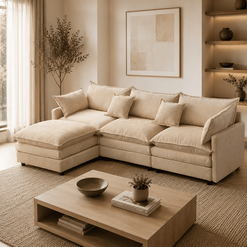 105" Modular Sectional Couch, 3-Seater Soft Chenille L-Shaped Sofa with Ottoman, Upholstery Sofa Couch with Pocket Coil & High-Density Foam for Living Room